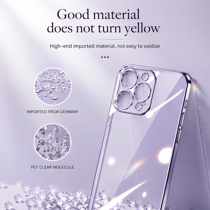 Clear purple case shown beside bead-like material insets. Text advertises resistance to yellowing and oxidation and describes imported transparent material.