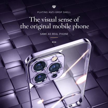Reflective purple clear case lies diagonally on a dark tiled surface. Bright strips of light reflect across its back below text highlighting the phone's original appearance.