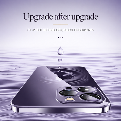 Purple-cased phone lies rear-forward at the surface of rippling water beneath falling droplets. Text advertises fingerprint and oil resistance.