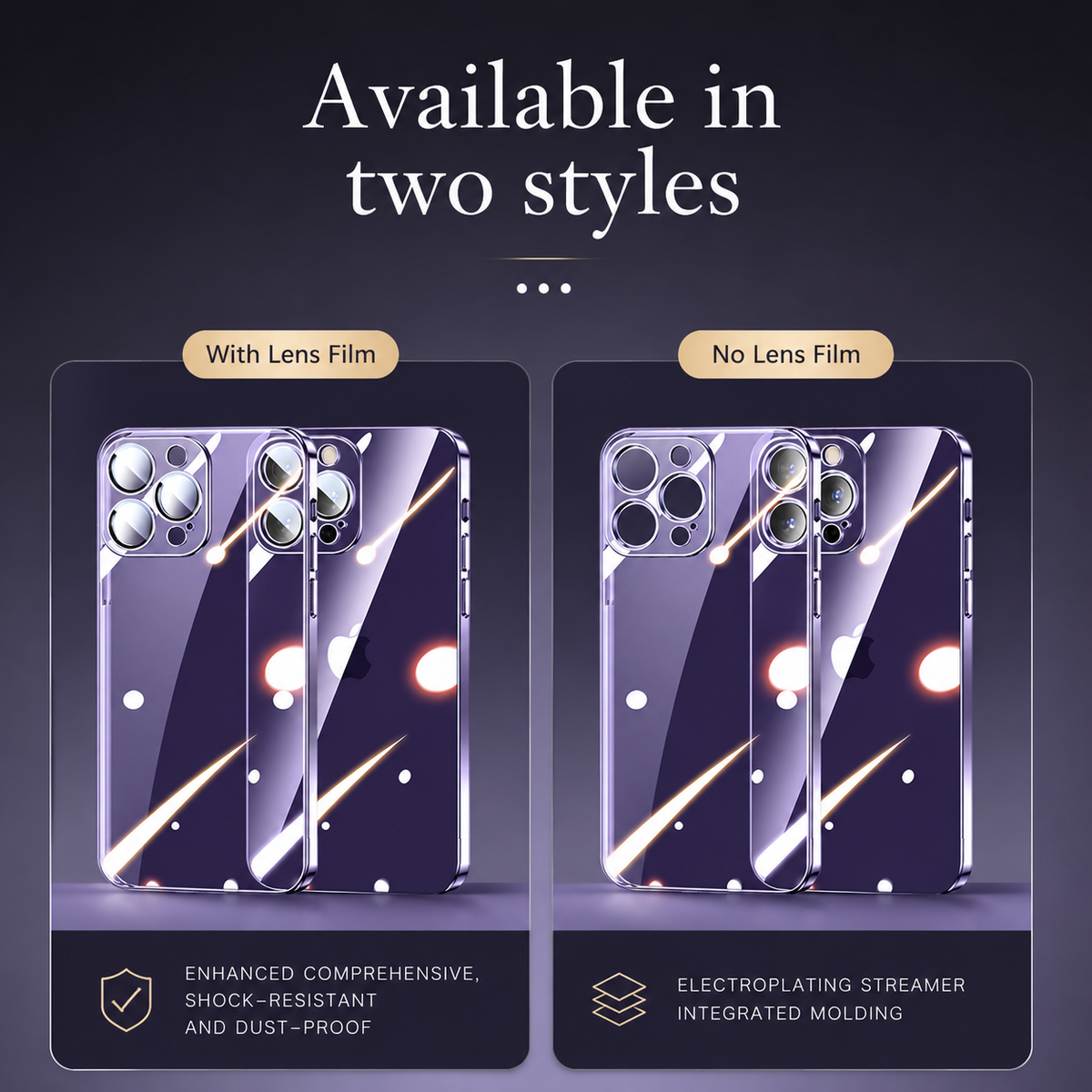 Two purple-case comparisons labeled With Lens Film and No Lens Film show camera-cover options. Text highlights protective layers and a plated transparent finish.