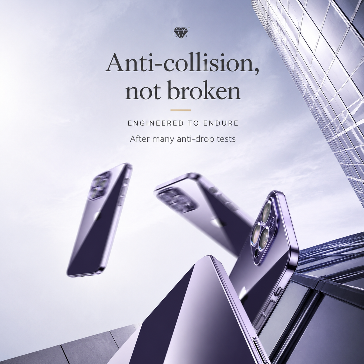 Several purple-cased phones illustrated falling past a tall glass building toward a dark surface. Text advertises repeated drop testing and collision resistance.
