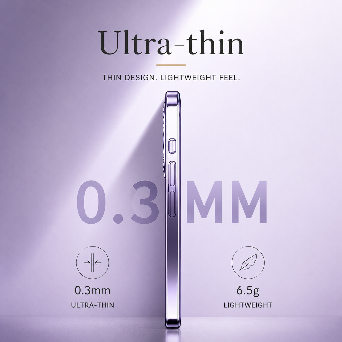 Thin side profile of a purple case stands upright against pale purple. Promotional labels claim 0.3 mm thickness and 6.5 g weight.