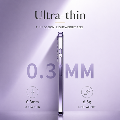 Thin side profile of a purple case stands upright against pale purple. Promotional labels claim 0.3 mm thickness and 6.5 g weight.