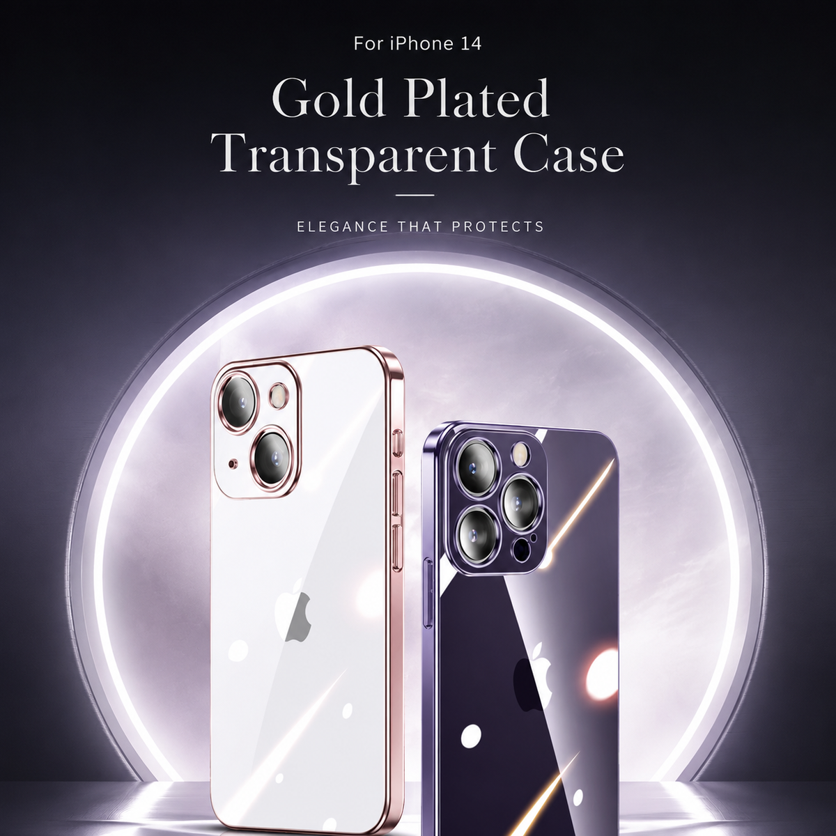 White and purple phones in reflective clear cases stand inside a glowing circular frame. Text labels the design as a plated transparent case for iPhone 14.