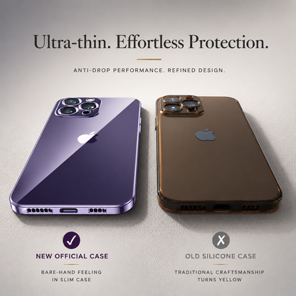 Purple and brown clear-cased phones lie rear-forward side by side. Text compares a new slim case with an older silicone case advertised as prone to yellowing.