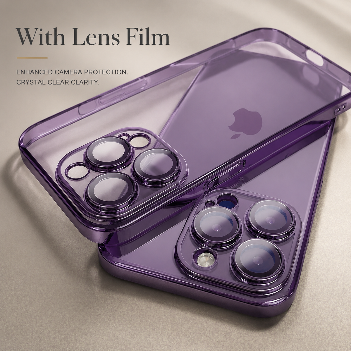 Clear purple outer case overlaps a fitted purple phone, showing circular lens-cover areas. Text labels the option With Lens Film.