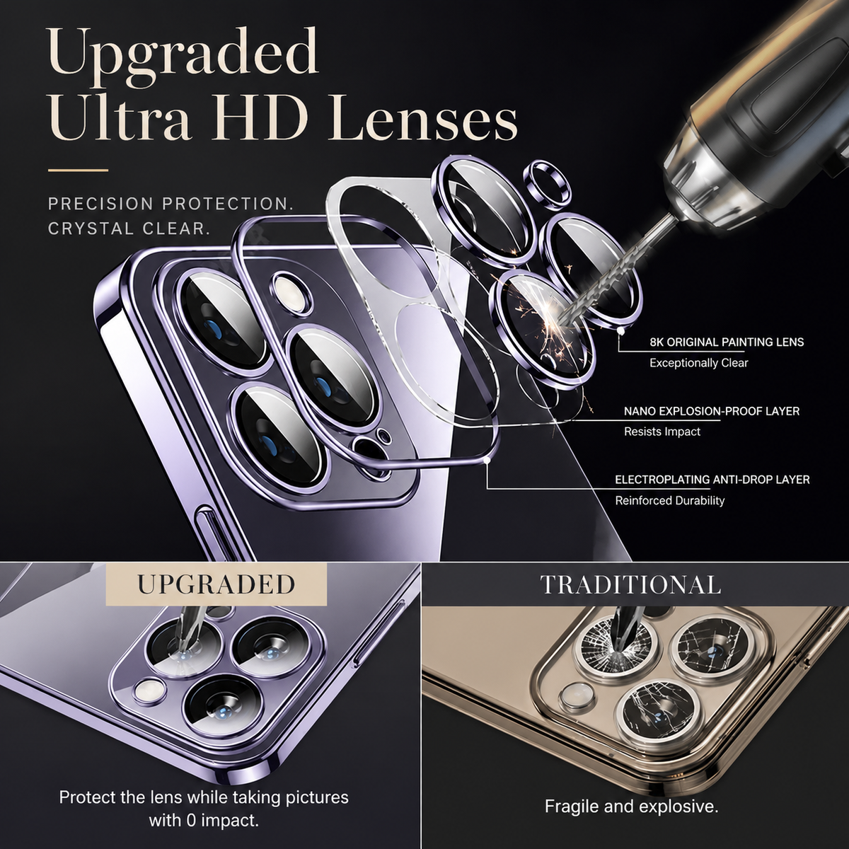 Exploded camera-cover diagram shows clear layers above a purple phone while a drill bit contacts one lens. Lower panels compare intact and shattered camera-cover examples.