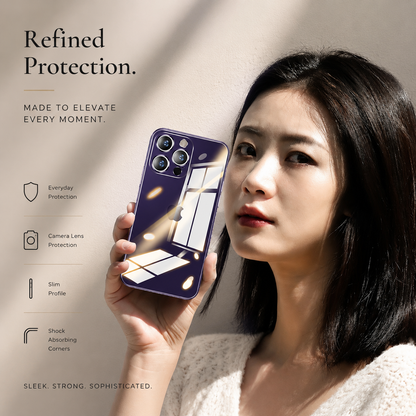 A woman holds a reflective purple-cased phone beside her face. Text highlights camera coverage, a slim profile, and cushioned corners.