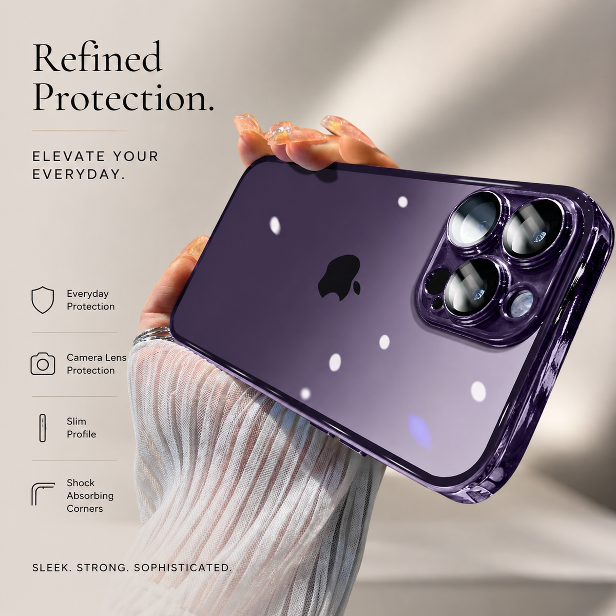 Hand holds a glossy purple case horizontally against beige, with bright circular reflections on its back. Text highlights camera protection, slimness, and cushioned corners.