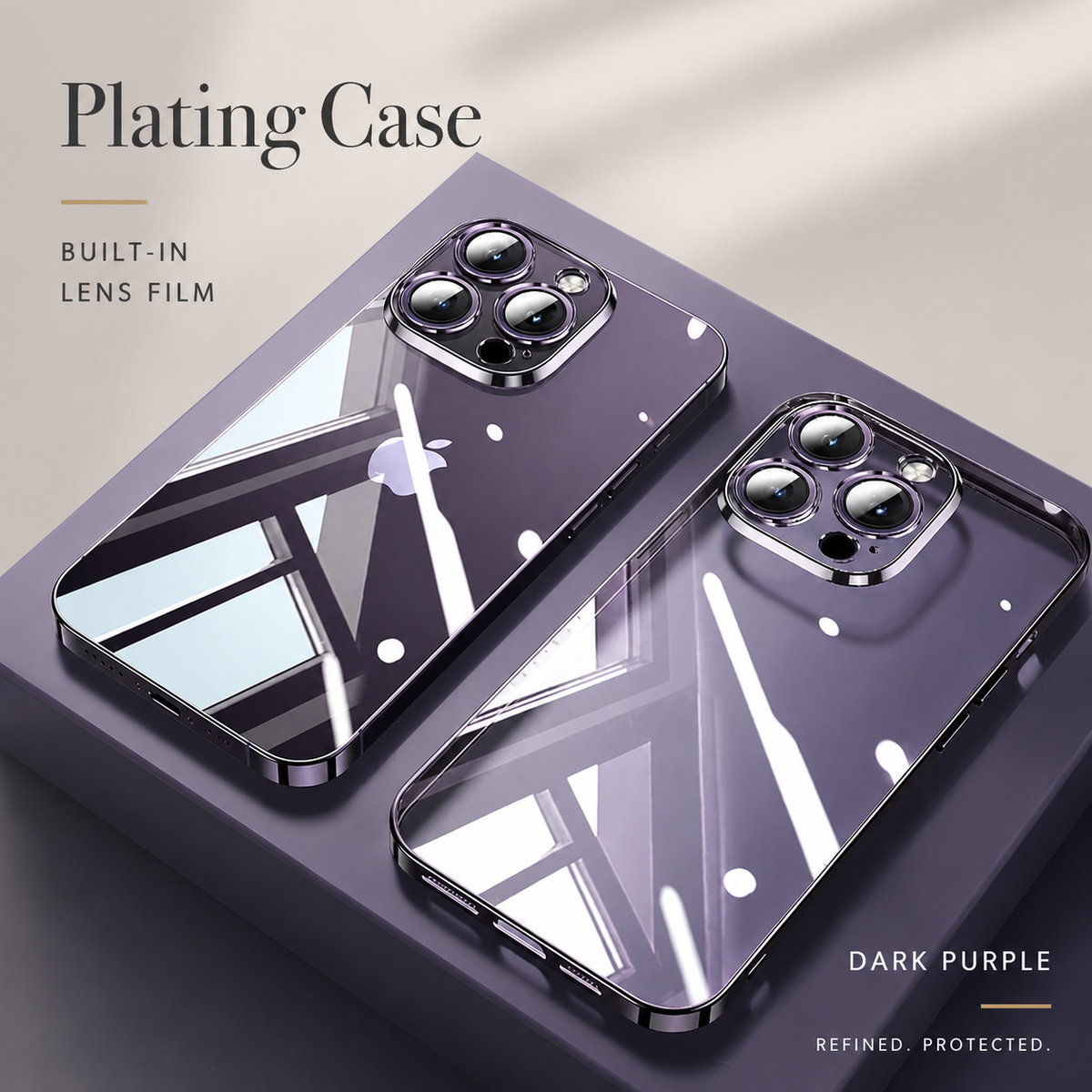 Two glossy dark purple cases lie rear-forward on purple display blocks, reflecting a window. Text advertises built-in camera lens film.