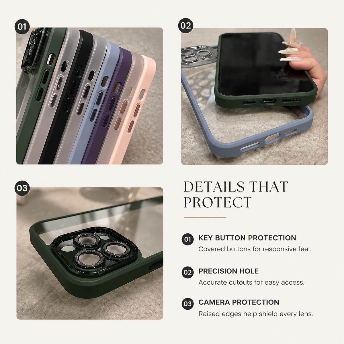 Detail collage shows several colored case side profiles, a front-view phone, and an empty green case's camera openings. Labels highlight covered buttons, aligned cutouts, and camera protection.