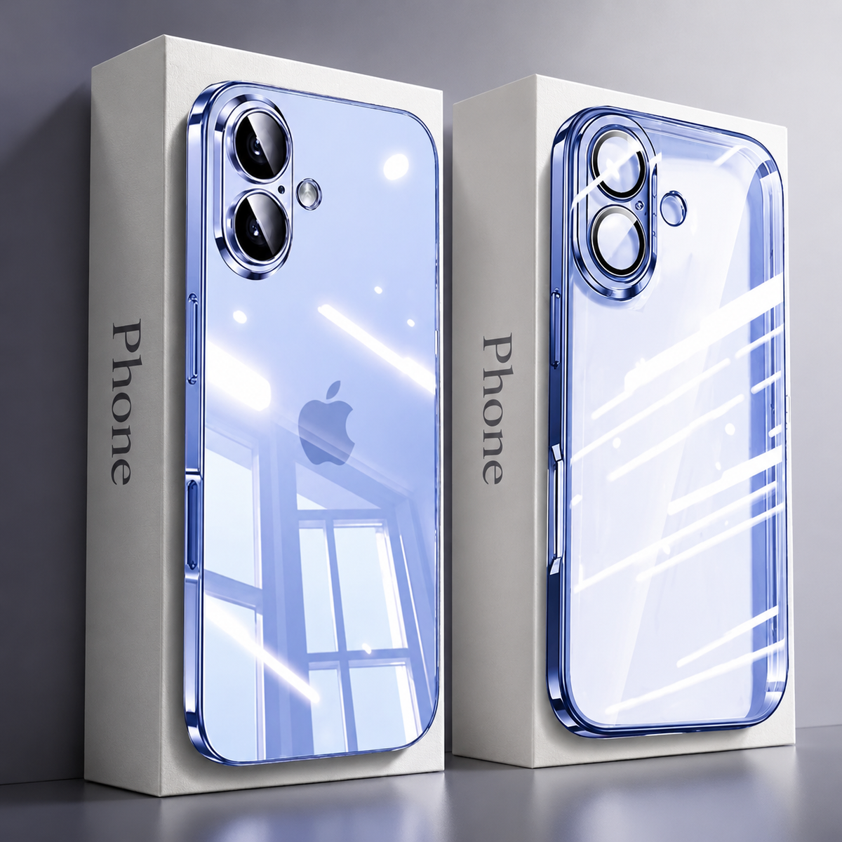 Blue-tinted clear case and matching fitted phone stand against two white Phone boxes. Bright window reflections cross the transparent backs and dual-camera surrounds.