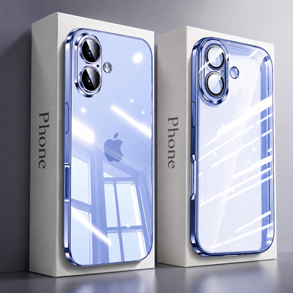 Blue-tinted clear case and matching fitted phone stand against two white Phone boxes. Bright window reflections cross the transparent backs and dual-camera surrounds.