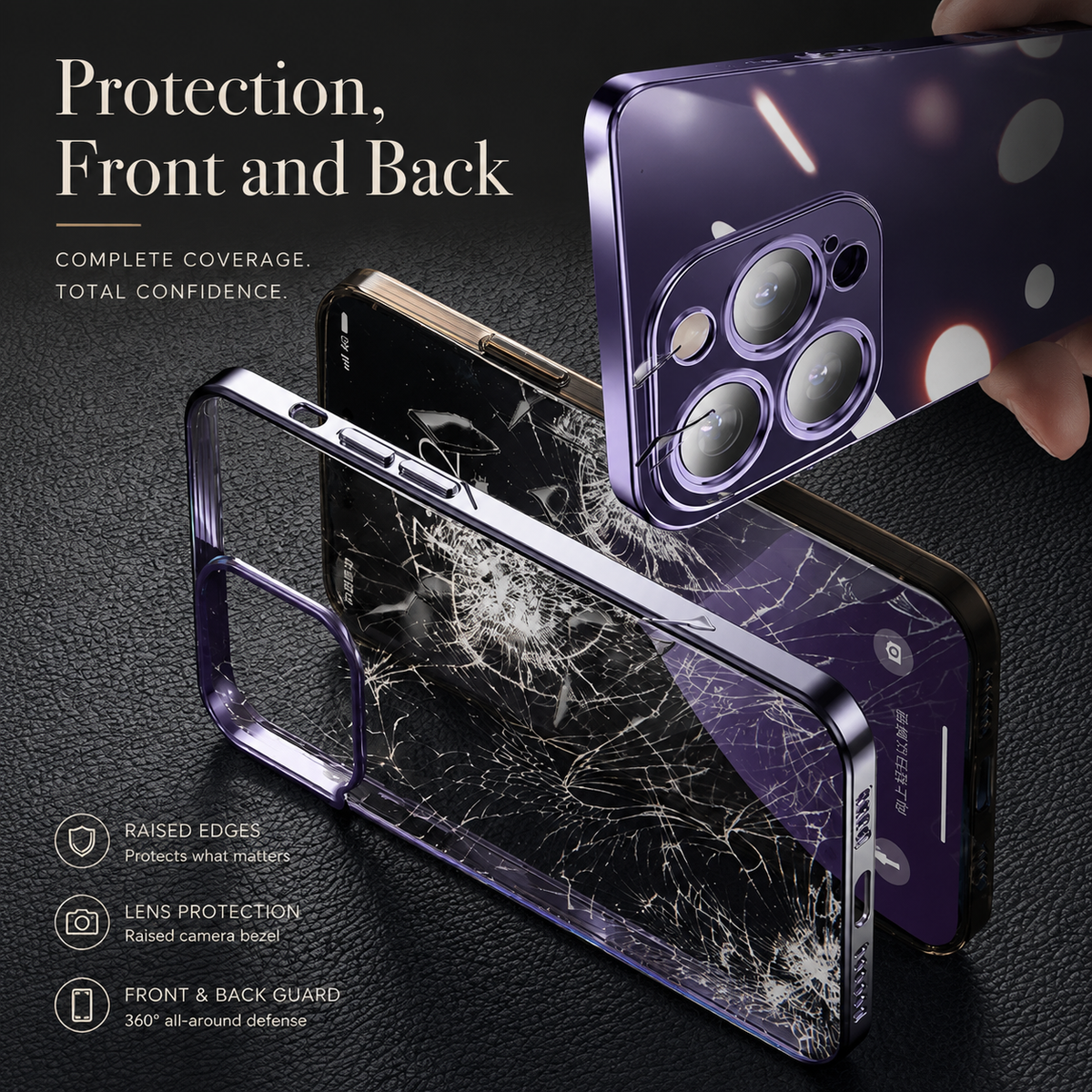 Exploded purple case arrangement shows a fitted phone and clear outer case above a cracked-screen illustration. Text advertises front and rear coverage and raised camera borders.