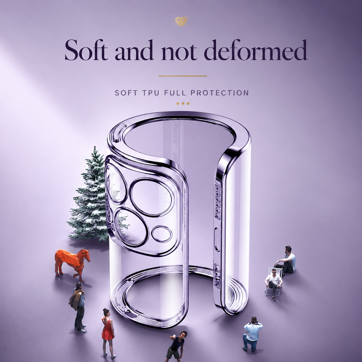 Oversized clear purple case shown flexed into a curve on a miniature scene with tiny people, a tree, and a horse. Text advertises flexible TPU construction.