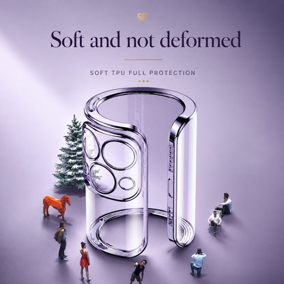 Oversized clear purple case shown flexed into a curve on a miniature scene with tiny people, a tree, and a horse. Text advertises flexible TPU construction.