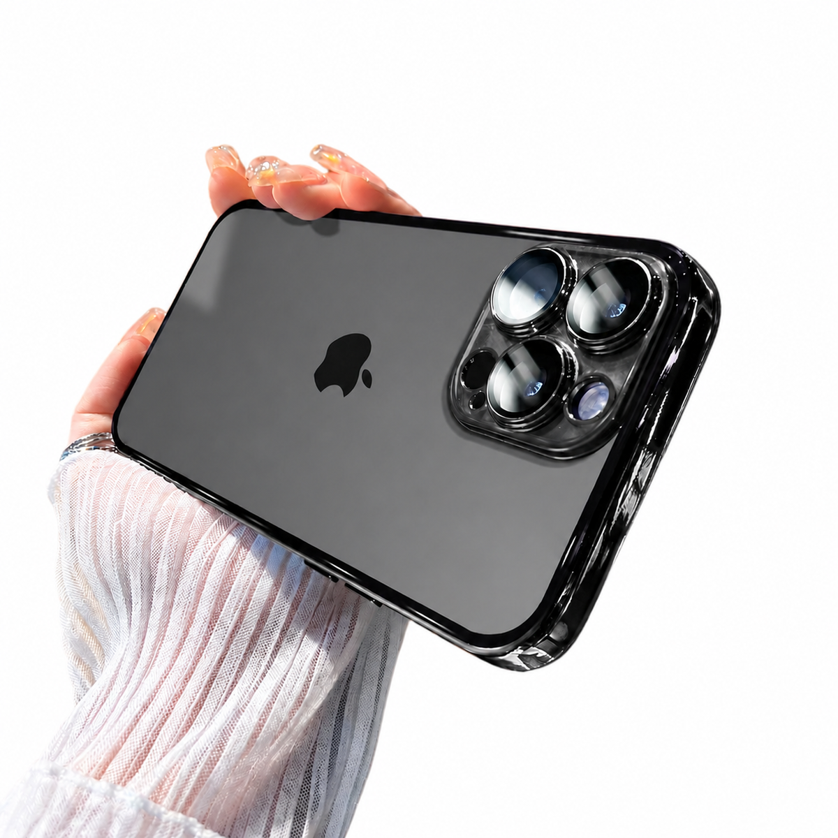 Hand holds a clear black-edged phone case horizontally against white. The dark phone and logo show through the back, with shiny raised rings around three camera lenses.