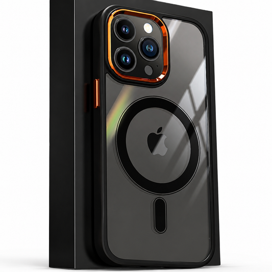 Clear black-edged case stands against a black box, with an orange camera frame and orange side button contrasting with its black magnetic ring.