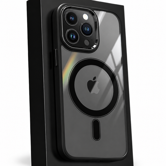Clear black-edged case stands against a tall black box, showing a thick black magnetic ring and alignment bar around the phone logo below a raised camera frame.