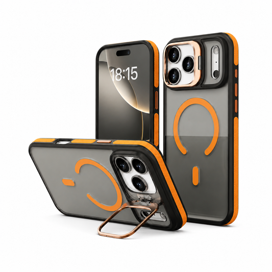 Front, rear and horizontal stand views show a smoky clear phone case with orange grip accents and rear ring. A gold-colored rectangular camera-frame stand supports the horizontal phone.