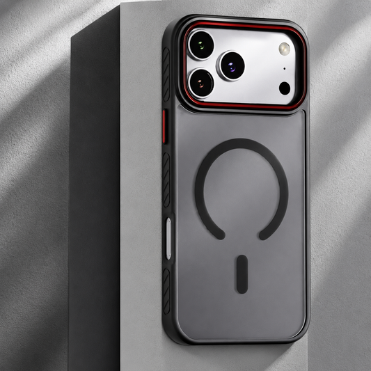 A black-edged smoky transparent phone case leans against a gray box. An open circular ring and short bar mark the back, with a red-accented camera surround and textured side strips.