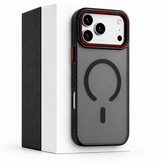 A black-edged smoky transparent phone case leans against a white box. An open circular ring and short bar mark the back, and a red accent outlines the broad camera surround.