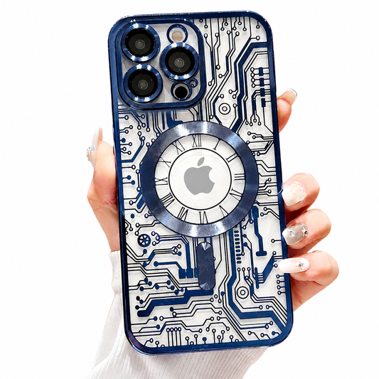 A hand in a white sleeve holds a phone upright against a white background. Blue circuit-like lines cover the pale back inside a dark blue border. A segmented silver-colored circle surrounds the central phone logo, and three rear camera lenses sit at the upper left. Pale decorated fingernails curl around the right edge.