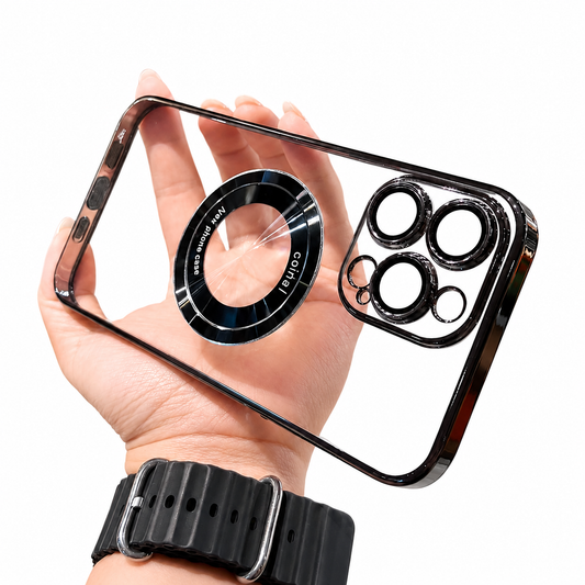 A hand wearing a black watch holds an empty transparent phone case horizontally against white. Glossy black trim outlines the edges and individual camera openings, with a reflective black-and-silver ring on the back.