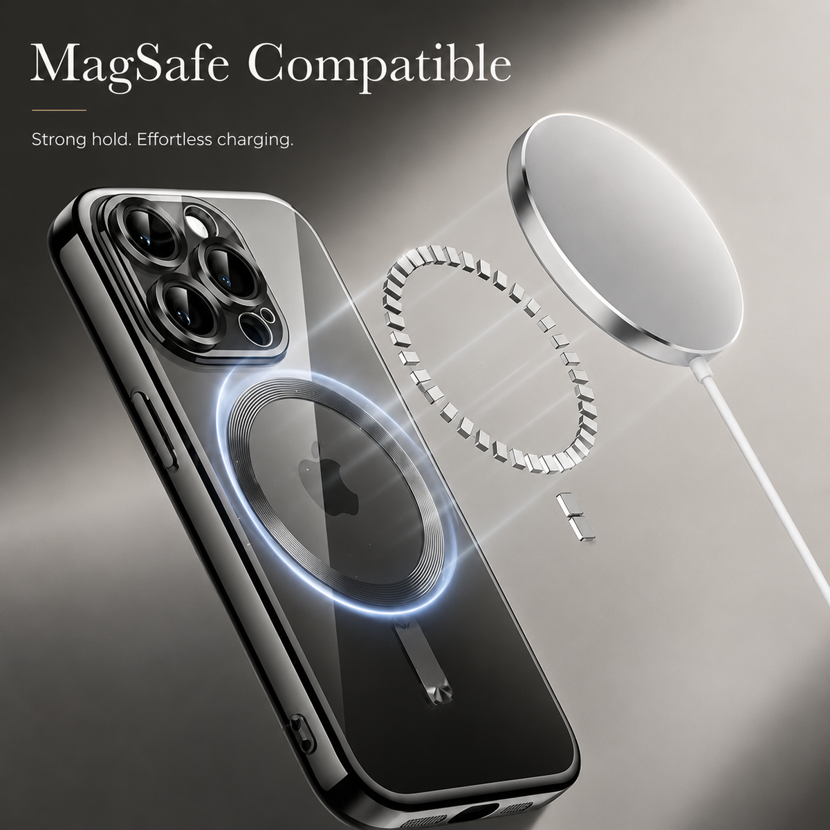 A black-edged phone is illustrated upright at a diagonal on a pale background, with its reflective rear ring glowing blue. A segmented circular component and a white charging puck hover in alignment above the ring, and the puck's cable extends downward. Three camera lenses occupy the upper left. The heading reads 'MagSafe Compatible.'