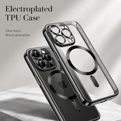 A black phone and an empty transparent case stand at overlapping angles on a pale stone surface. The clear case sits in front, showing round camera openings, a black circular ring, a short bar, and raised sidewalls. The assembled phone behind it shows its rear lenses and logo. Text reads 'Electroplated TPU Case' with brief material captions.