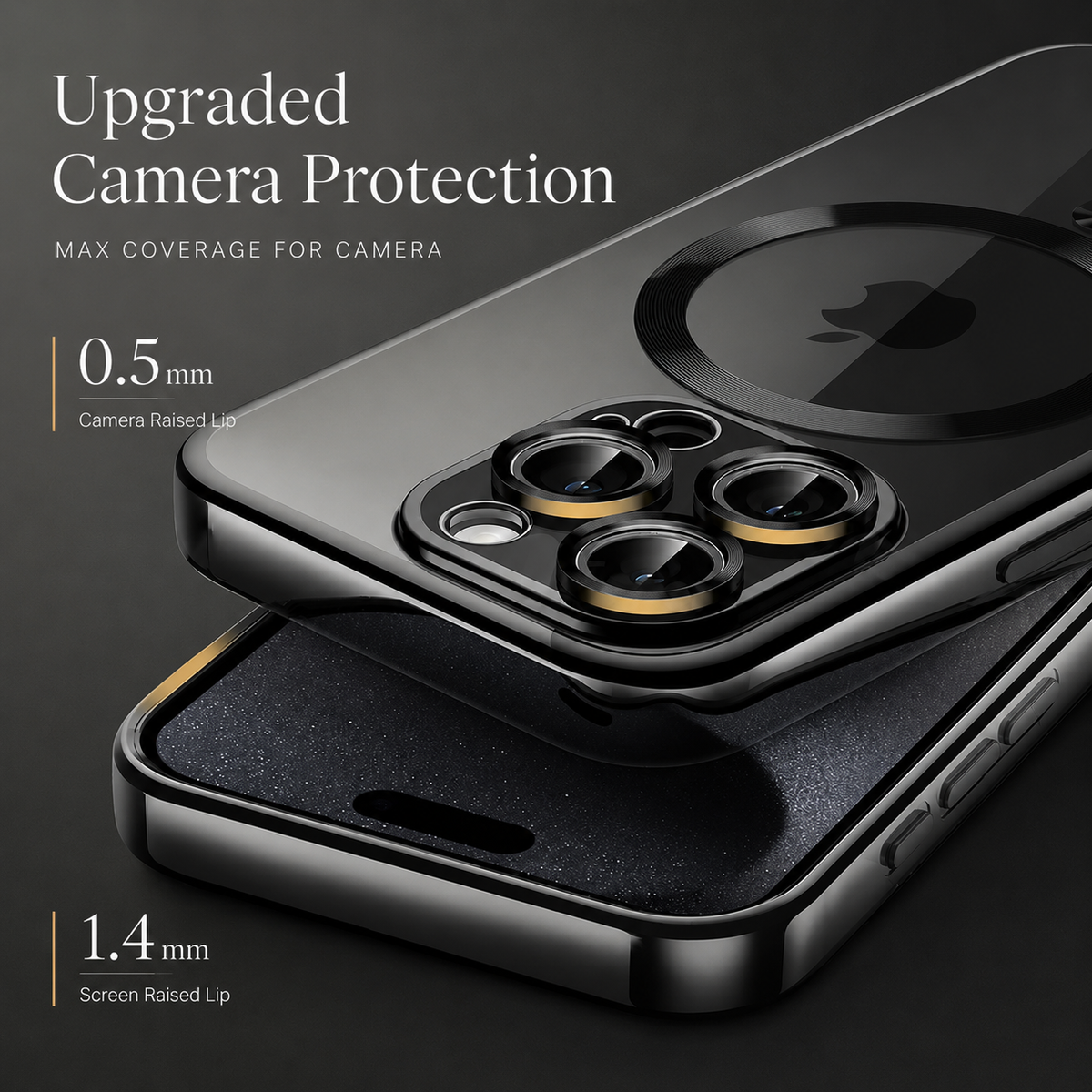 A dark infographic shows a close rear-camera view of a black-edged phone above a second view of the empty case's interior. Gold measurement callouts identify a 0.5 mm camera raised lip and a 1.4 mm screen raised lip. A circular ring remains visible on the phone's glossy back. The heading reads 'Upgraded Camera Protection.'