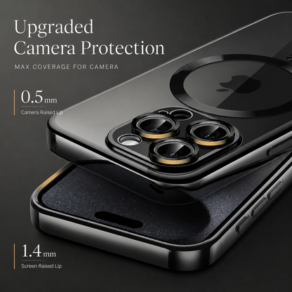 A dark infographic shows a close rear-camera view of a black-edged phone above a second view of the empty case's interior. Gold measurement callouts identify a 0.5 mm camera raised lip and a 1.4 mm screen raised lip. A circular ring remains visible on the phone's glossy back. The heading reads 'Upgraded Camera Protection.'
