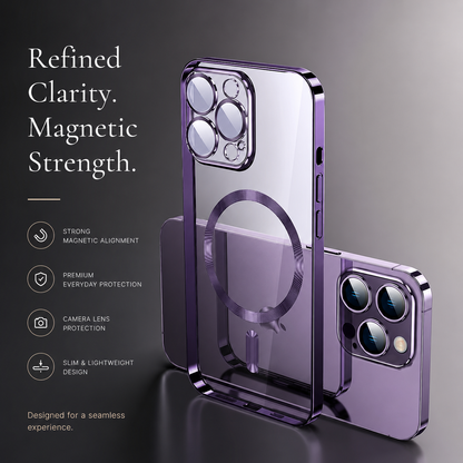 Two purple-edged clear cases stand together on a dark reflective surface. One stands upright with its circular rear ring, short bar, and camera openings facing forward; the second sits horizontally behind it, revealing three rear lenses. Text at left reads 'Refined Clarity. Magnetic Strength,' above four feature icons.