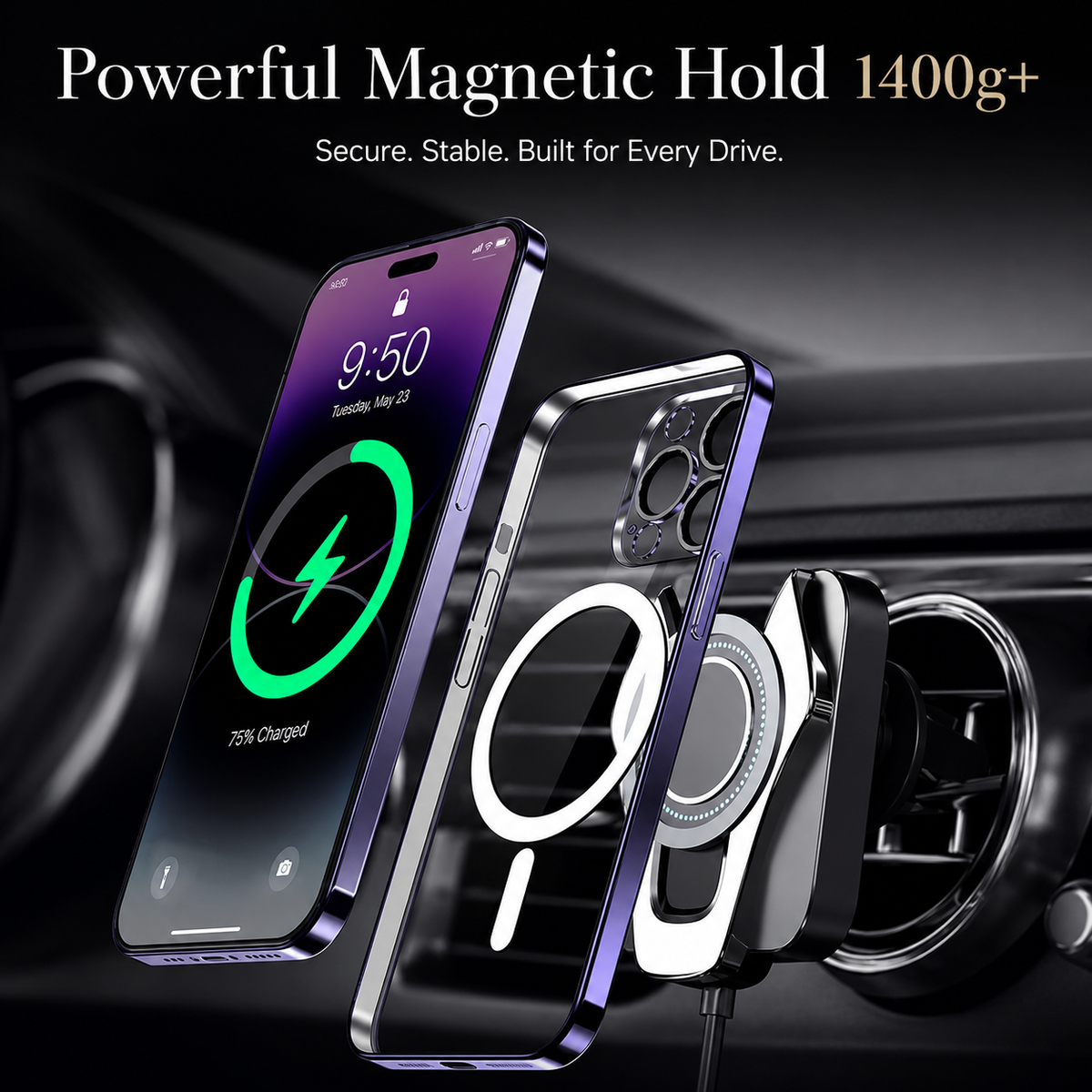 A dark car-interior infographic shows a purple-screen phone beside a clear purple-edged case positioned in front of a round vent-mounted magnetic holder. A green charging graphic overlays the screen. The empty case's white circular ring and camera openings face the viewer. The headline reads 'Powerful Magnetic Hold 1400g+,' with a driving caption below.