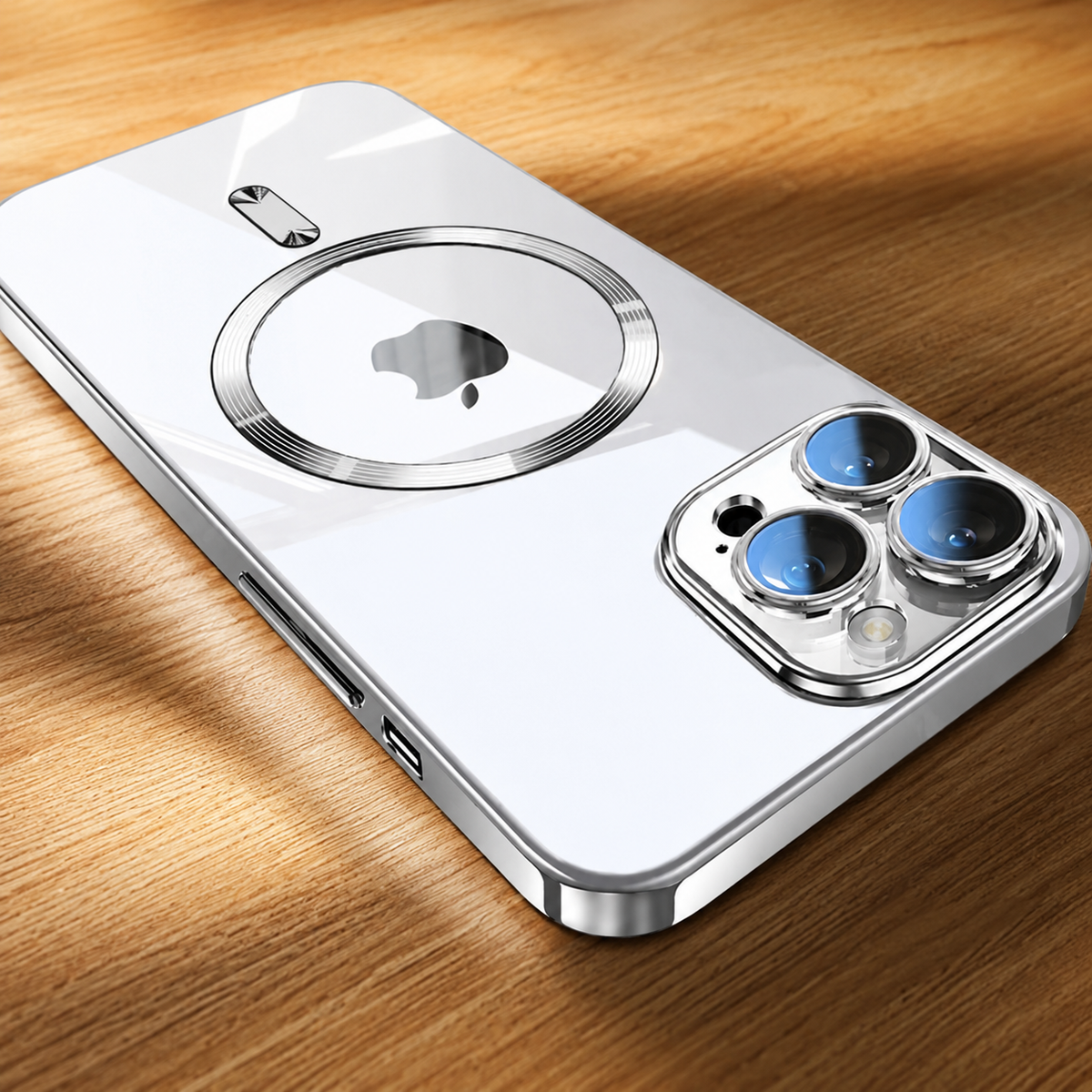 A silver-edged phone lies diagonally on a wooden tabletop with its pale reflective back facing upward. A silver-colored circular ring surrounds the phone logo, with a short bar above. Three rear camera lenses at the nearest corner reflect blue light, and raised silver-colored borders outline the camera panel and case edges.