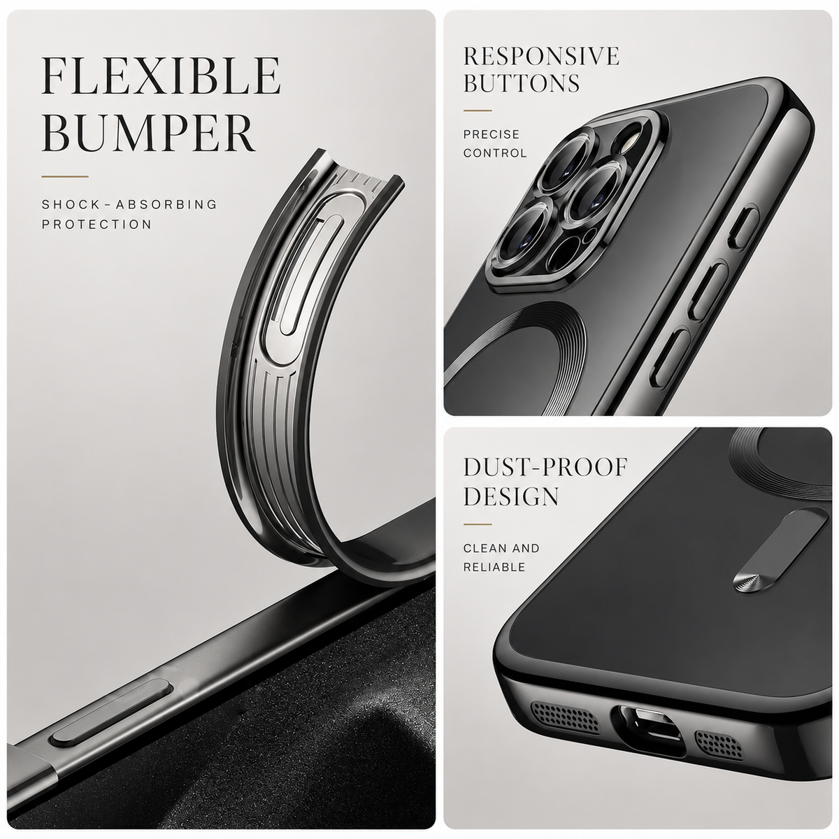 A pale infographic contains three close-ups of a black phone case. The large left panel shows the flexible outer bumper bent away from the phone beneath 'Flexible Bumper.' At upper right, the camera surround and side buttons appear beneath 'Responsive Buttons.' At lower right, the bottom port and speaker grilles illustrate 'Dust-Proof Design.'