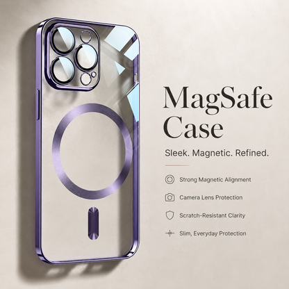 An empty clear phone case with purple reflective edges stands upright at the left of a pale beige infographic. A purple circular ring and short bar show through the transparent back, beneath round camera openings at the top. 'MagSafe Case' appears at right with four feature labels for magnetic alignment, camera protection, clarity, and slim protection.