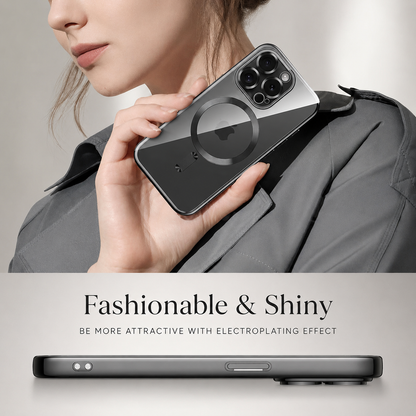 A cropped woman in a gray jacket holds a black-edged phone horizontally beside her neck, with the glossy rear case facing the viewer. The back shows a circular ring, phone logo, and three camera lenses at the right. A lower banner reads 'Fashionable & Shiny,' followed by a narrow side view of the case and its button.