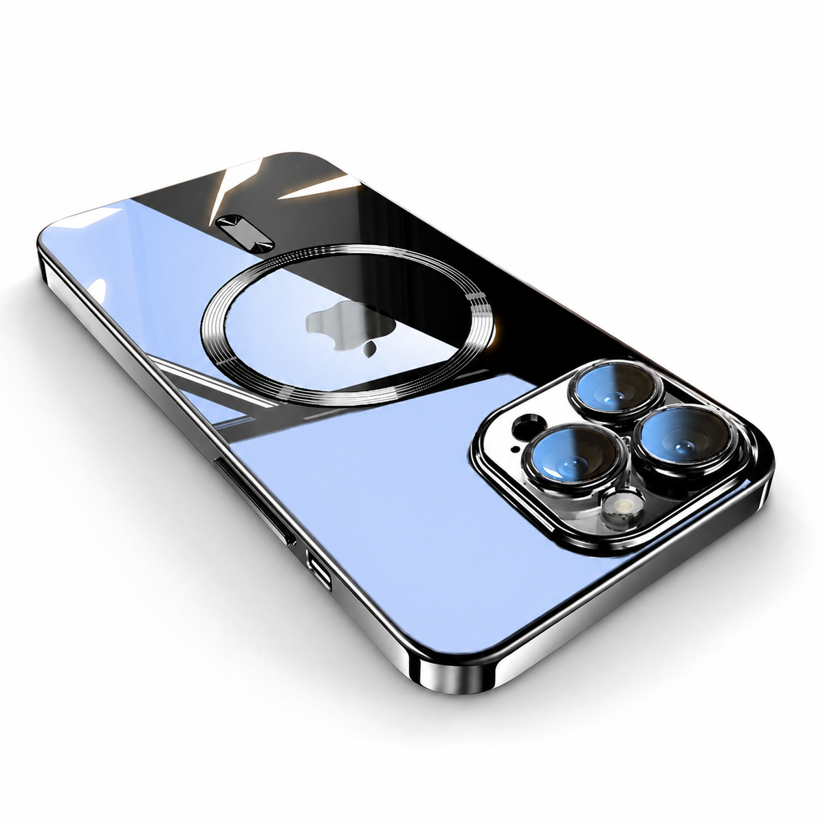 A phone lies diagonally with its glossy back facing upward against a white background. A black reflective border surrounds a pale back with blue and black reflections, a metallic-looking circular ring around the phone logo, and a short bar near the far end. Three rear cameras occupy the nearest corner, with silver-colored rings around the lenses.