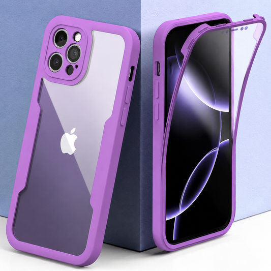 Purple full-body clear phone case shown from back and front beside a pale block, with the transparent screen frame partly separated and a raised three-camera border.
