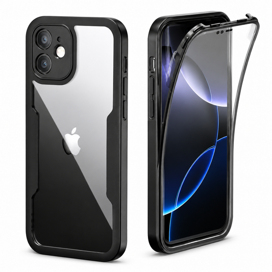 Black full-body clear phone case shown from rear and front, with its clear front frame lifting away. Thick black edging outlines the transparent back and dual-camera opening.