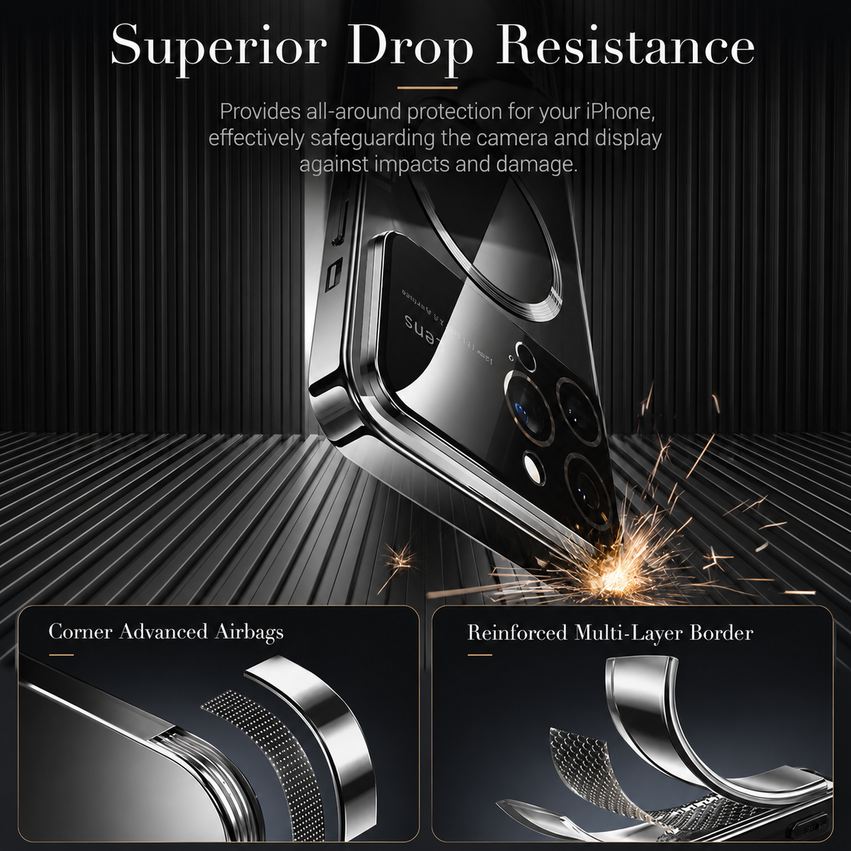 A reflective dark phone case is illustrated striking a ribbed surface with orange sparks at the lower corner. Two close-ups compare a covered camera edge and a reinforced metal lens border. The heading reads Superior Drop Resistance.