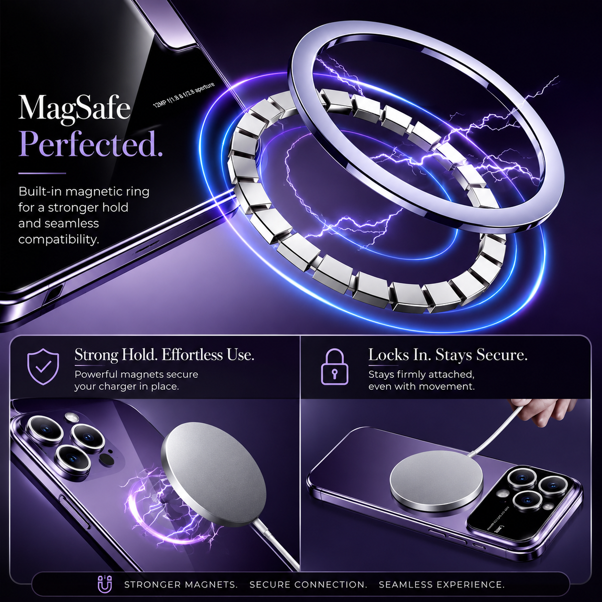 Exploded graphic shows a circular magnetic ring floating above the back of a purple case, with blue arcs illustrating attraction. Lower panels show a white charging puck attached to the back and a lock graphic. The heading reads MagSafe Perfected.