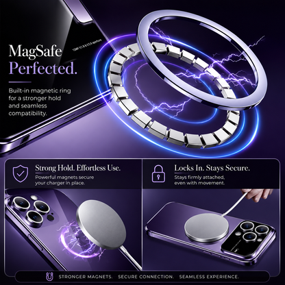 Exploded graphic shows a circular magnetic ring floating above the back of a purple case, with blue arcs illustrating attraction. Lower panels show a white charging puck attached to the back and a lock graphic. The heading reads MagSafe Perfected.