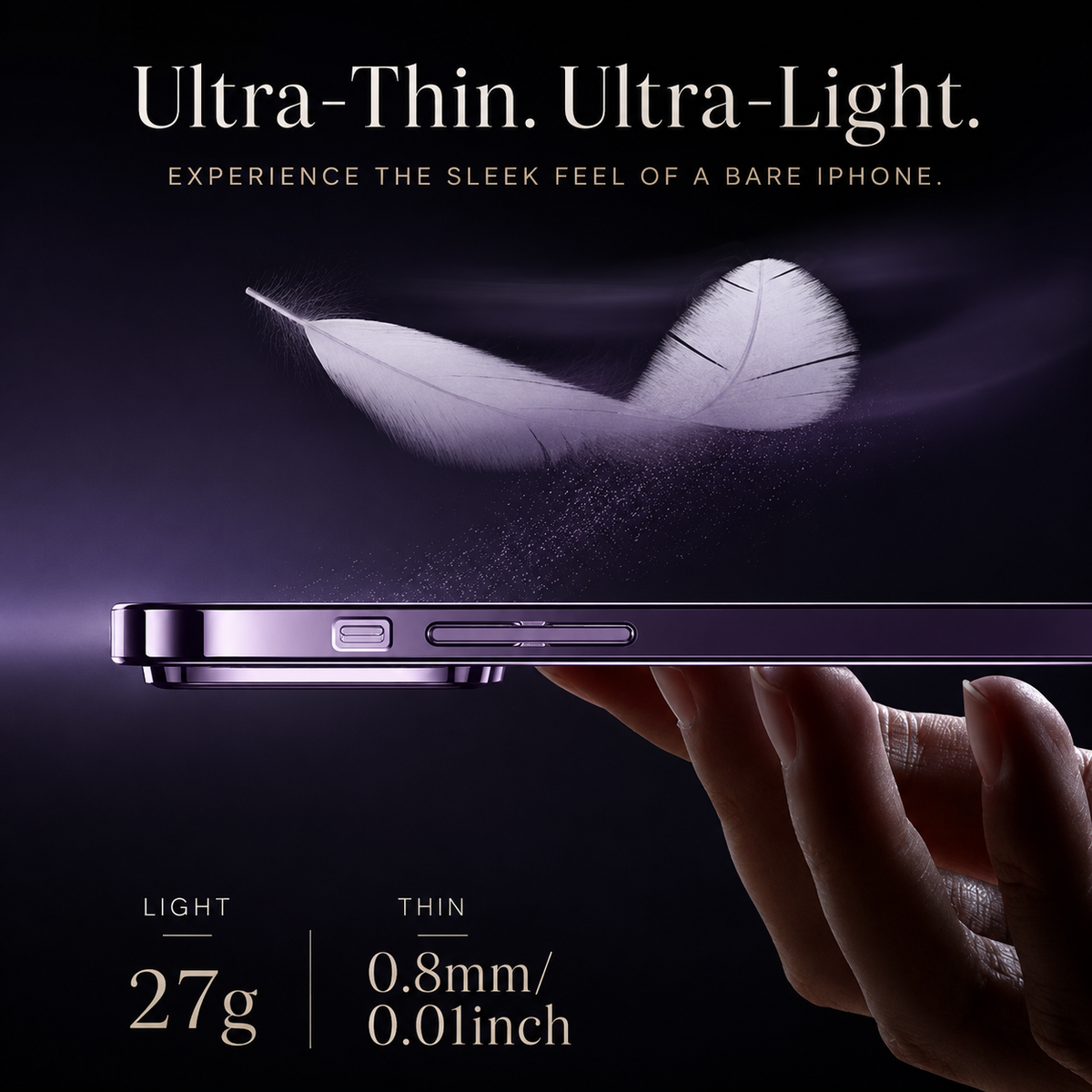 A feather floats above the edge-on profile of a purple case balanced on a fingertip. The heading reads Ultra-Thin. Ultra-Light. Printed figures state 27 g weight and 0.8 mm, or 0.01 inch, thickness.