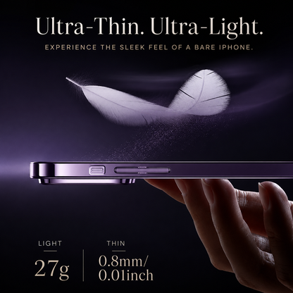 A feather floats above the edge-on profile of a purple case balanced on a fingertip. The heading reads Ultra-Thin. Ultra-Light. Printed figures state 27 g weight and 0.8 mm, or 0.01 inch, thickness.