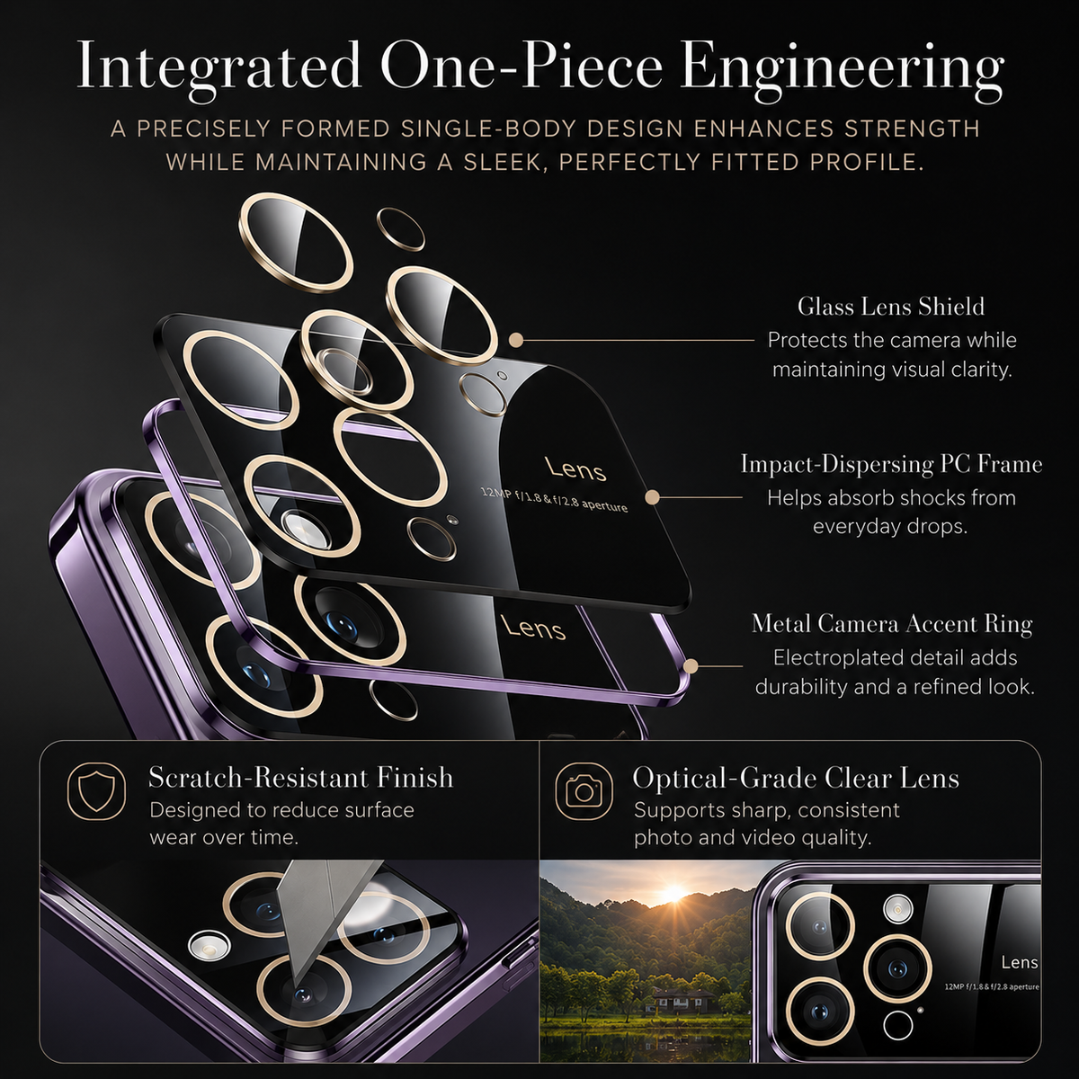 An exploded diagram separates a purple case into lens shields, glass panels and frame. Lower panels enlarge a camera cover and demonstrate a clear lens view. The heading reads Integrated One-Piece Engineering, with labels for the panel and camera ring.
