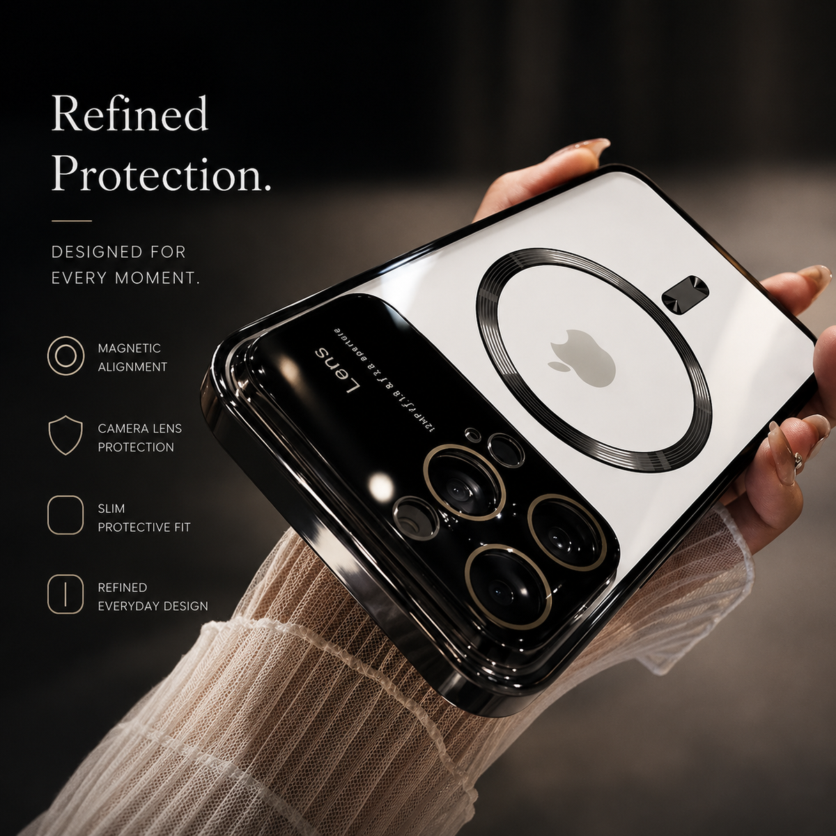 A hand in a ribbed sleeve holds a silver reflective case horizontally. A white circular magnetic marking surrounds the Apple logo, while black reflections cover the camera end. The heading reads Refined Protection, with labels for alignment, camera borders and fit.