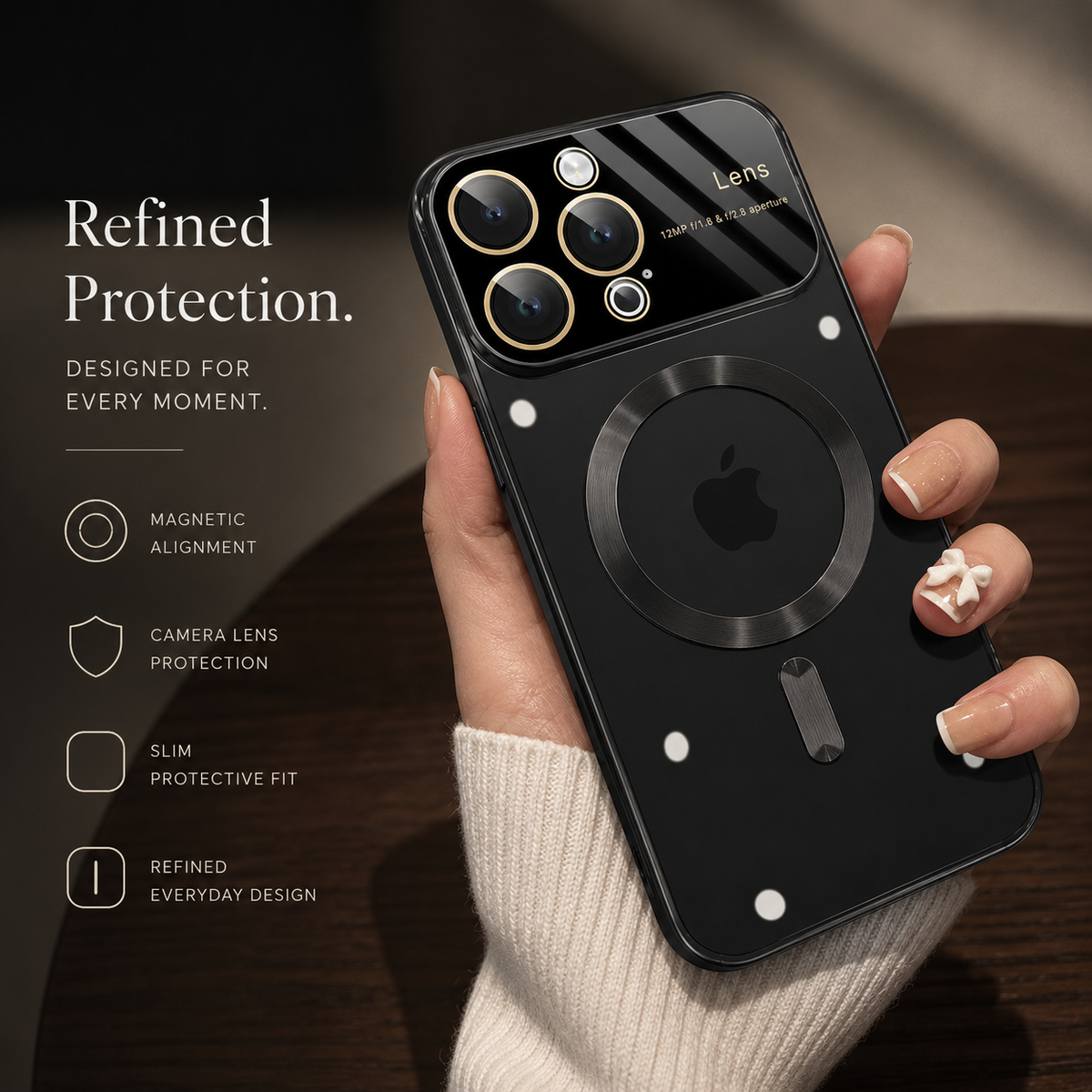 A hand in a cream sleeve holds a dark reflective case upright. Its magnetic circle and short bar sit below a black camera panel with gold-rimmed openings. Bright light reflections streak across the back. The heading reads Refined Protection.