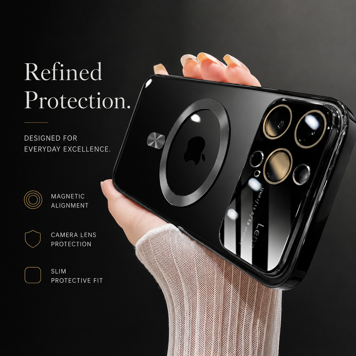 A hand in a pale sleeve holds a dark reflective case horizontally. A circular magnetic marking surrounds the Apple logo and gold rims outline the camera openings. The heading reads Refined Protection, beside alignment, camera protection and fit labels.